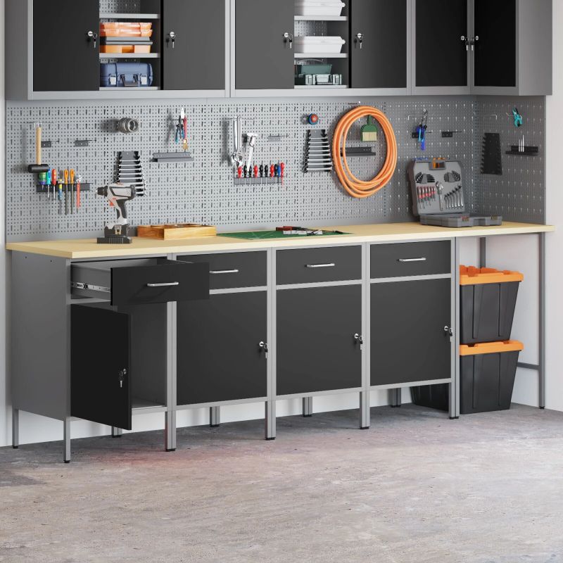 vidaXL Darba skapju komplekts ar atvilktni 5 pcs Melns un pelēks