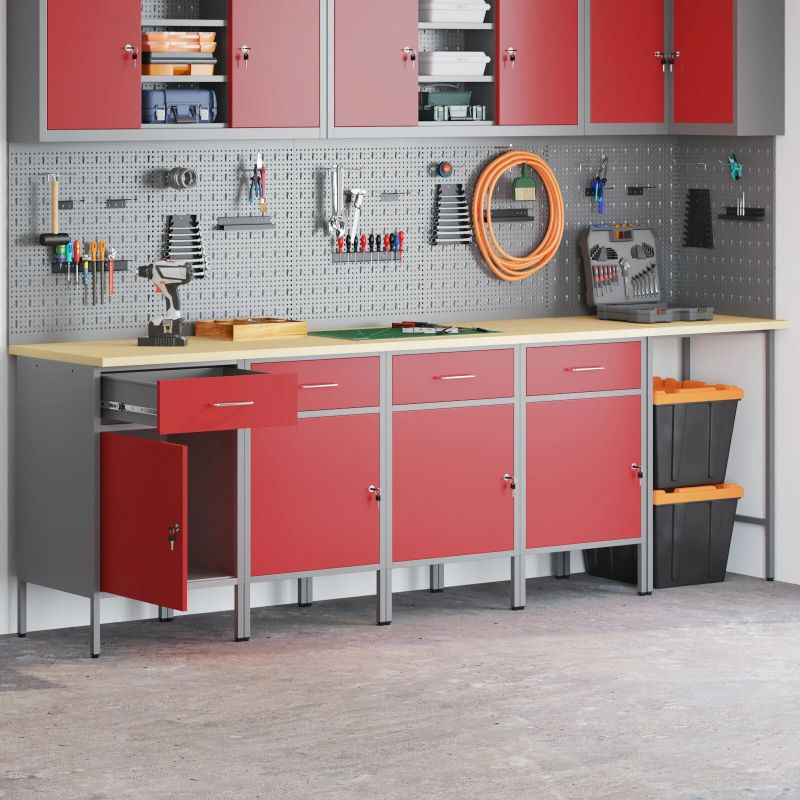 vidaXL Darba skapju komplekts ar atvilktni 5 pcs Sarkans un pelēks