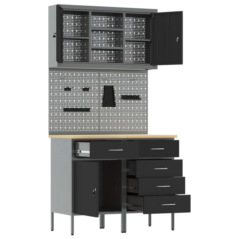 vidaXL Darba skapju komplekts ar atvilktni ar plauktu 5 pcs Melna