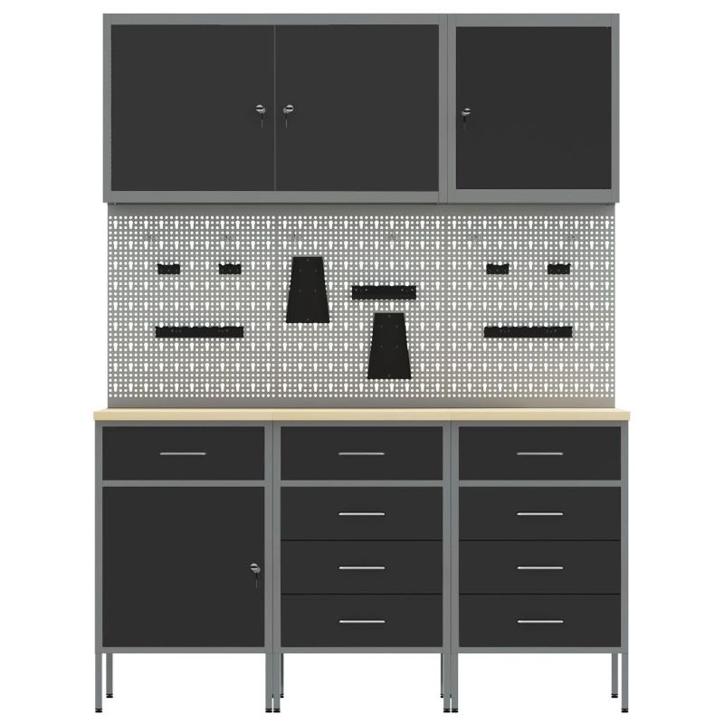 vidaXL Darbagalds ar atvilktni 8 pcs Melna 150 x 55 x 200 cm Tērauds