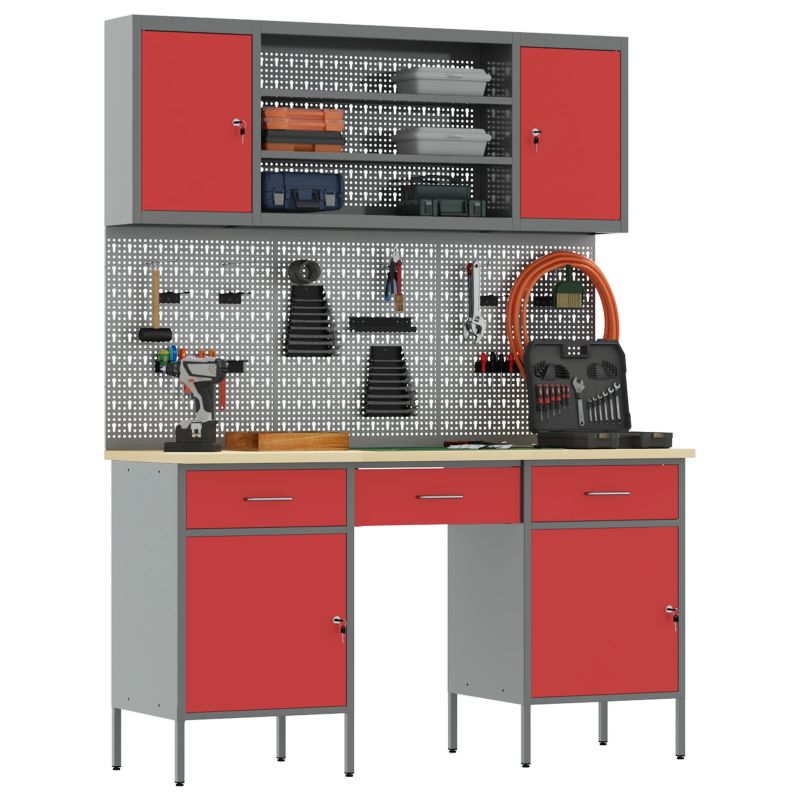 vidaXL Darbagalds ar atvilktni 7 pcs Sarkana 150 x 55 x 200 cm Tērauds