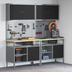 vidaXL Darbagalda komplekts ar atvilktni ar plauktu 8 pcs Melna