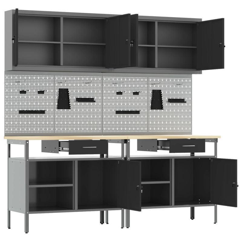 vidaXL Darbagalda komplekts ar atvilktni ar plauktu 8 pcs Melna