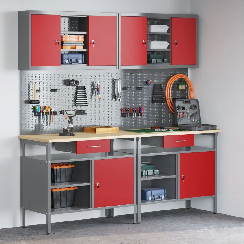 vidaXL Darbagalda komplekts 8 pcs Sarkana 200 x 55 x 200 cm Tērauds