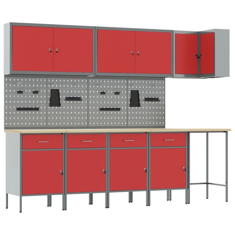 vidaXL Darba skapju komplekts ar atvilktni 12 pcs Sarkans un pelēks