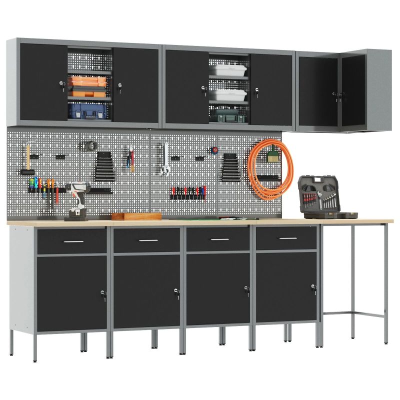 vidaXL Darba skapju komplekts ar atvilktni 12 pcs Melns un pelēks