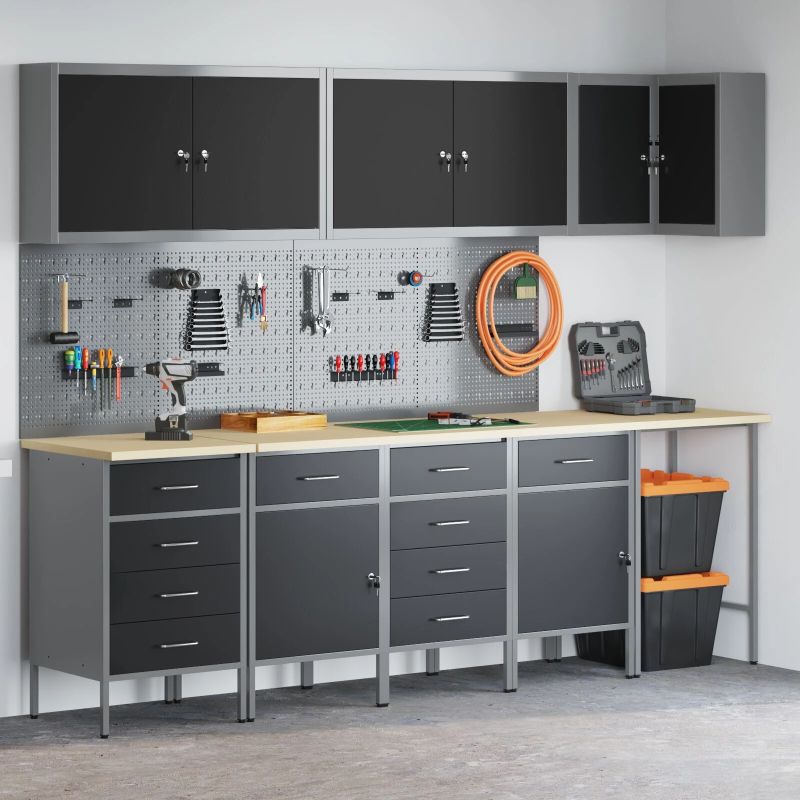 vidaXL Darba skapju komplekts ar atvilktni 12 pcs Melns un pelēks