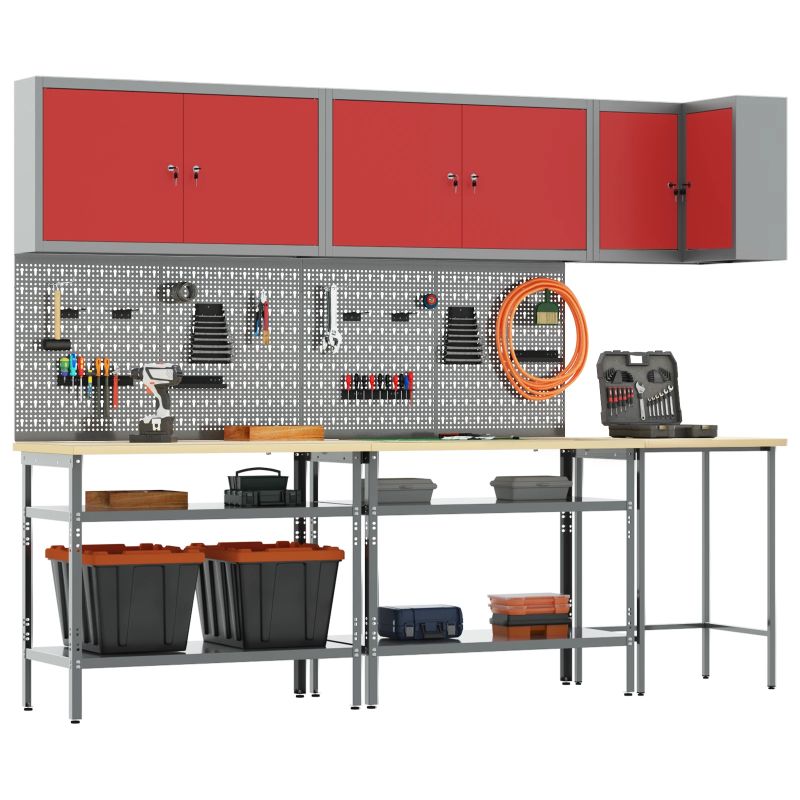 vidaXL Darba skapju komplekts ar plauktu 10 pcs Sarkans un pelēks