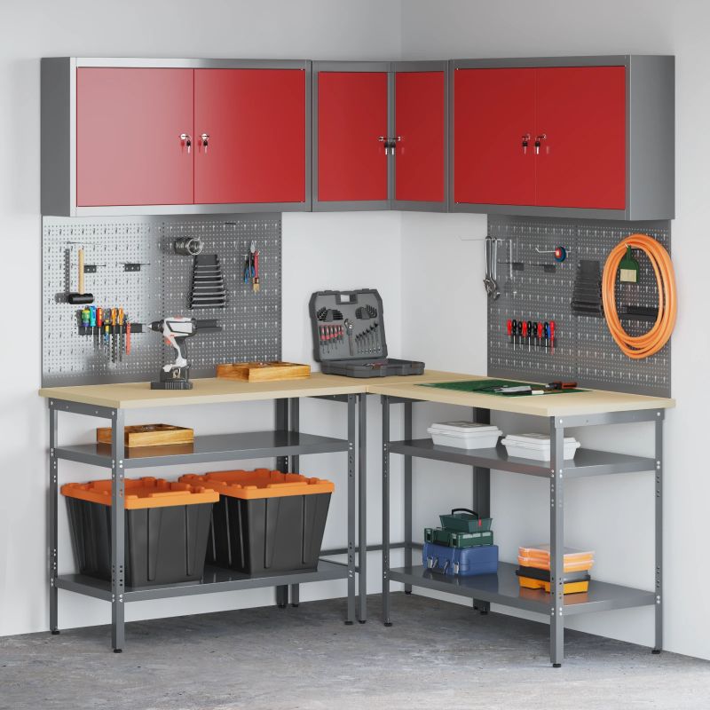 vidaXL Darba skapju komplekts ar plauktu 10 pcs Sarkans un pelēks