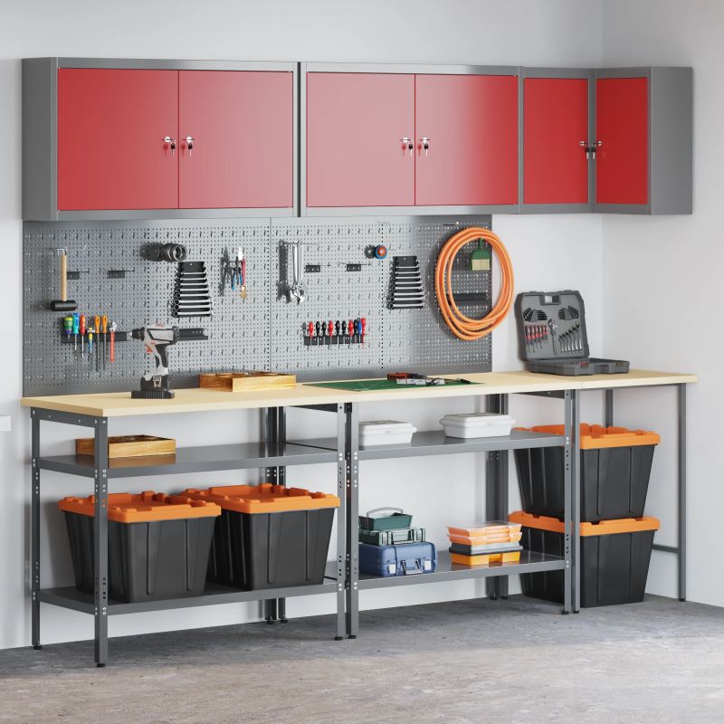 vidaXL Darba skapju komplekts ar plauktu 10 pcs Sarkans un pelēks