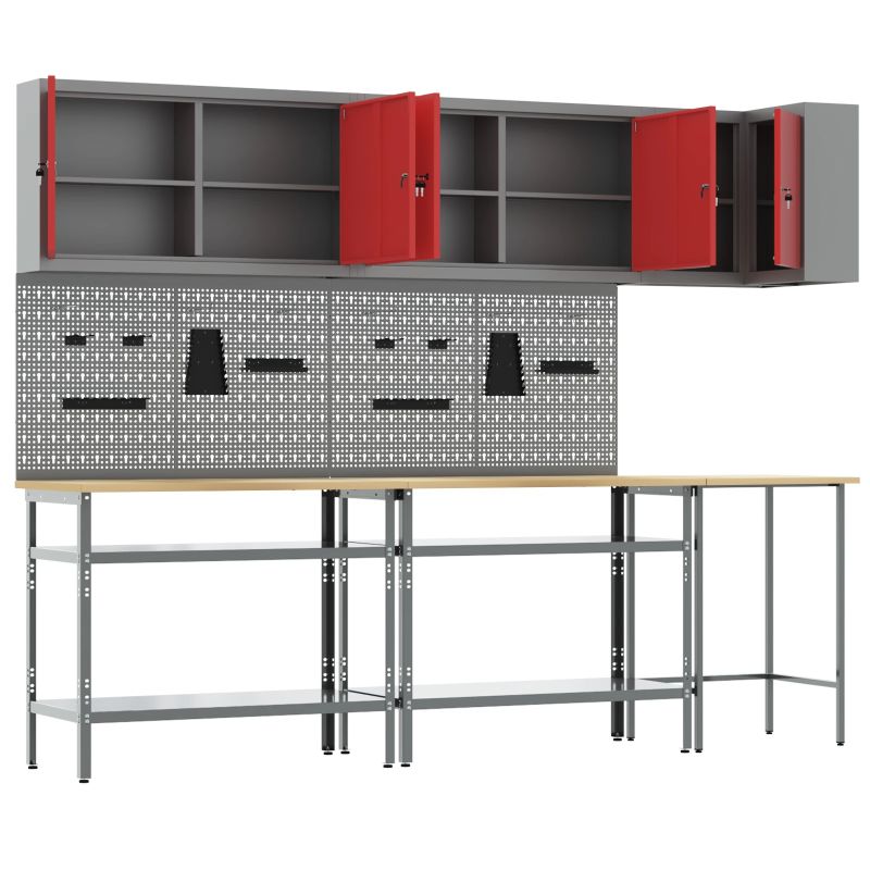 vidaXL Darba skapju komplekts ar plauktu 10 pcs Sarkans un pelēks