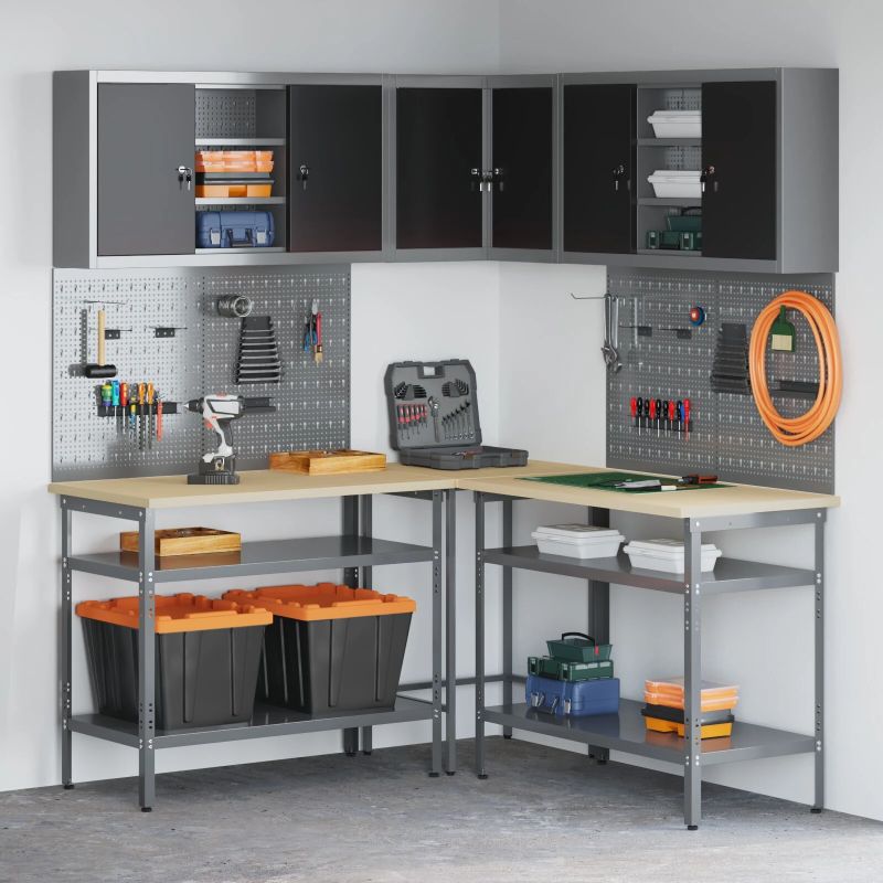 vidaXL Darba skapju komplekts ar plauktu 10 pcs Melns un pelēks