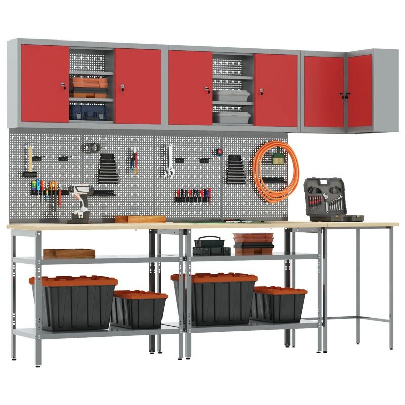 vidaXL Darba skapju komplekts ar plauktu 10 pcs Sarkans un pelēks