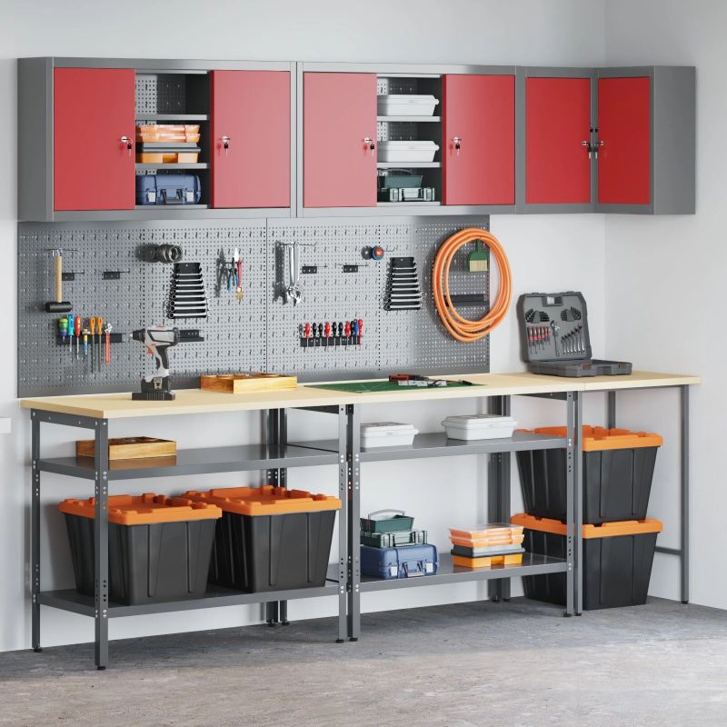 vidaXL Darba skapju komplekts ar plauktu 10 pcs Sarkans un pelēks