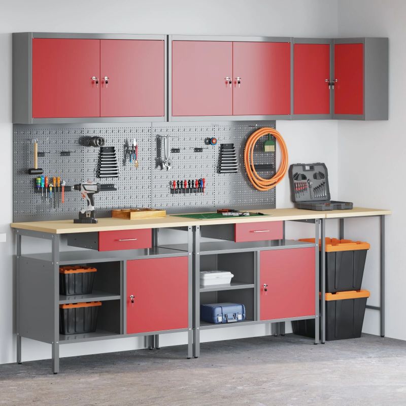 vidaXL Darba skapju komplekts ar atvilktni 10 pcs Sarkans un pelēks