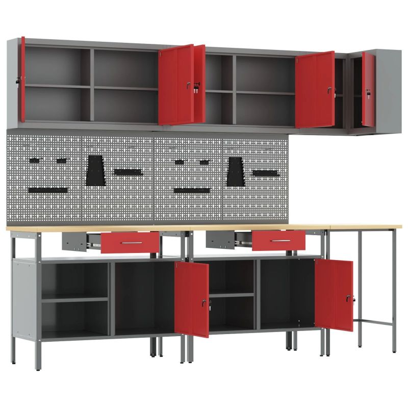 vidaXL Darba skapju komplekts ar atvilktni 10 pcs Sarkans un pelēks