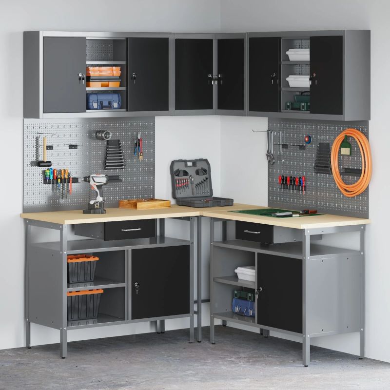 vidaXL Darba skapju komplekts ar atvilktni 10 pcs Melns un pelēks