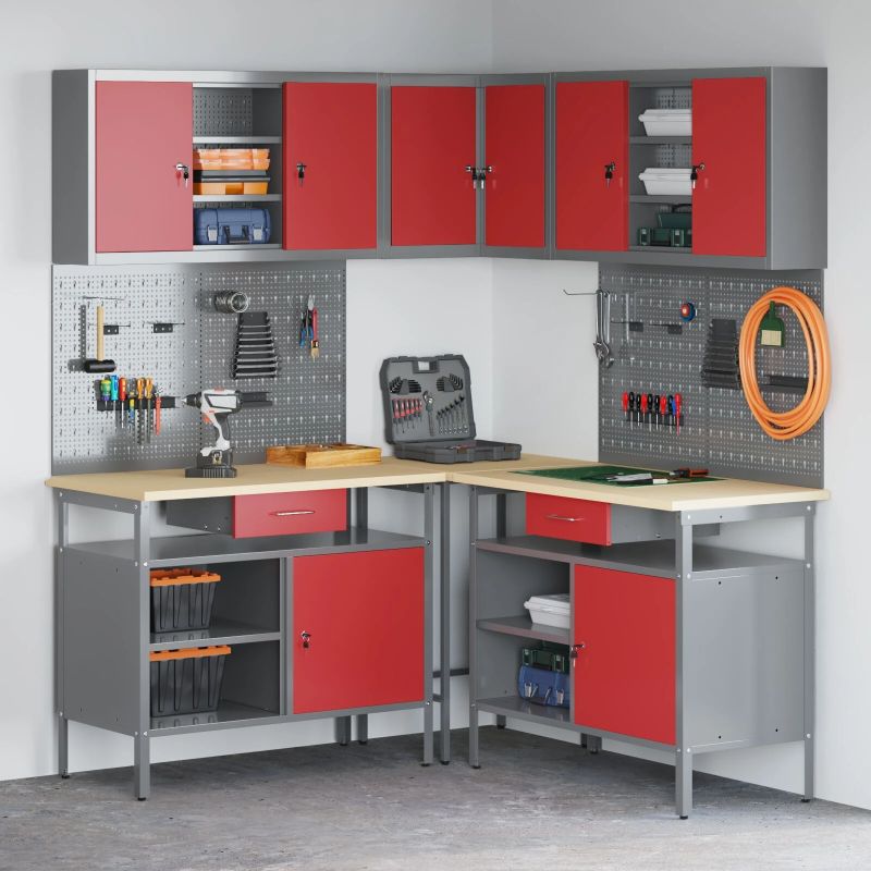 vidaXL Darba skapju komplekts ar atvilktni 10 pcs Sarkans un pelēks