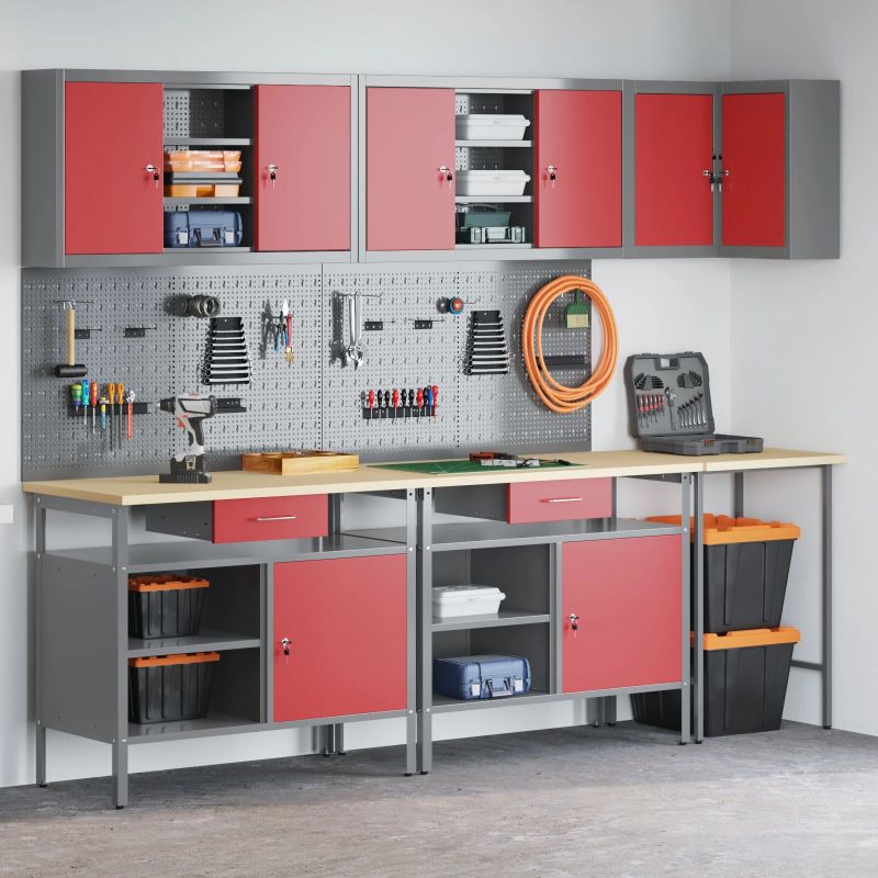 vidaXL Darba skapju komplekts ar atvilktni 10 pcs Sarkans un pelēks