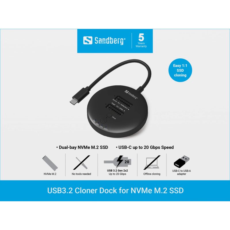 Sandberg 136-72 USB 3,2 Cloner Dock for NVMe M.2 SSD
