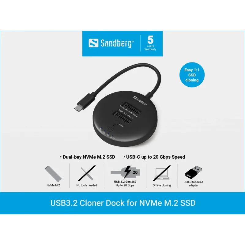 Sandberg 136-72 USB 3,2 Cloner Dock for NVMe M.2 SSD