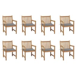 vidaXL dārza krēsli, 8 gab., pelēki matrači, masīvs tīkkoks