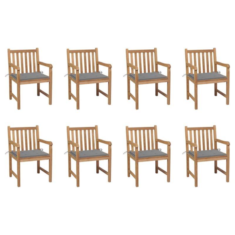 vidaXL dārza krēsli, 8 gab., pelēki matrači, masīvs tīkkoks