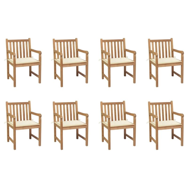 vidaXL dārza krēsli, 8 gab., krēmkrāsas matrači, masīvs tīkkoks