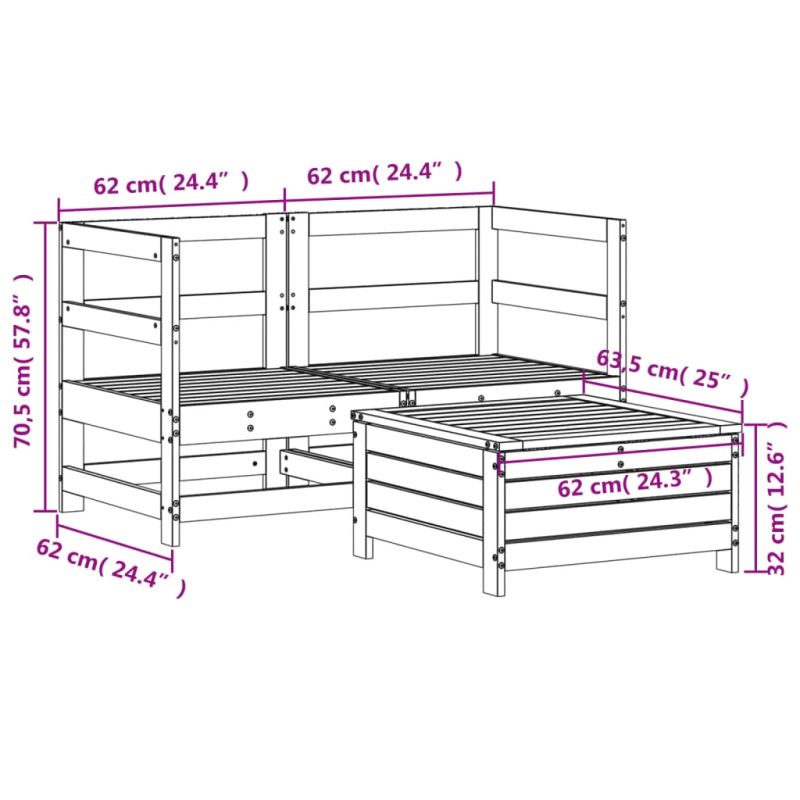 vidaXL 3-daļīgs dārza dīvānu komplekts, priedes masīvkoks