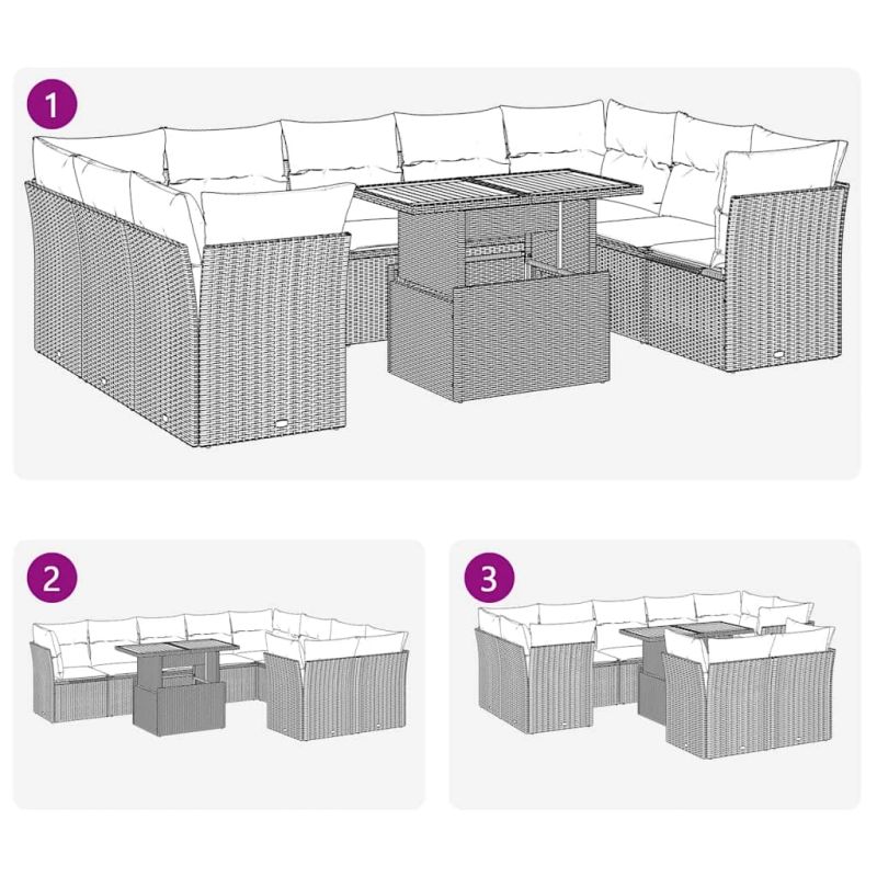 vidaXL 10-daļīgs dārza dīvāna komplekts, matrači, bēša PE rotangpalma