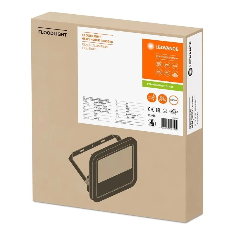 Prožektors bez kustības sensora, stiprināms pie sienas Ledvance, 65 W, 8000 lm, 4000 °K, IP65, melna krās.