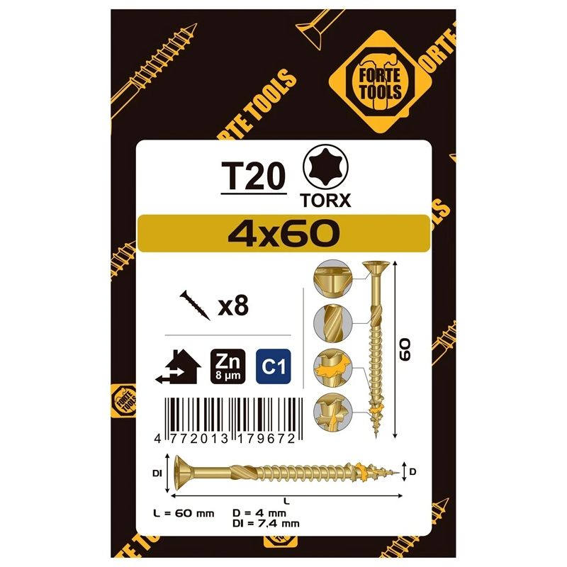Koksnes skrūves 4 x 60 mm. ZN. TX20. 8 gab.