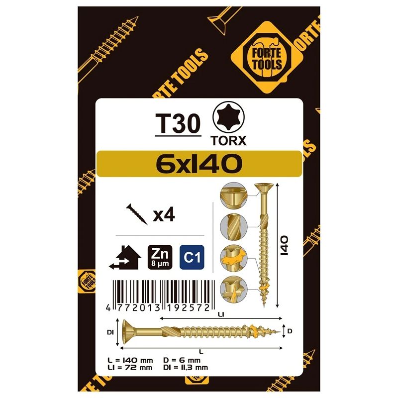 Koksnes skrūves Forte Tools 6 x 140-72 mm ZN TX30 4 gab.