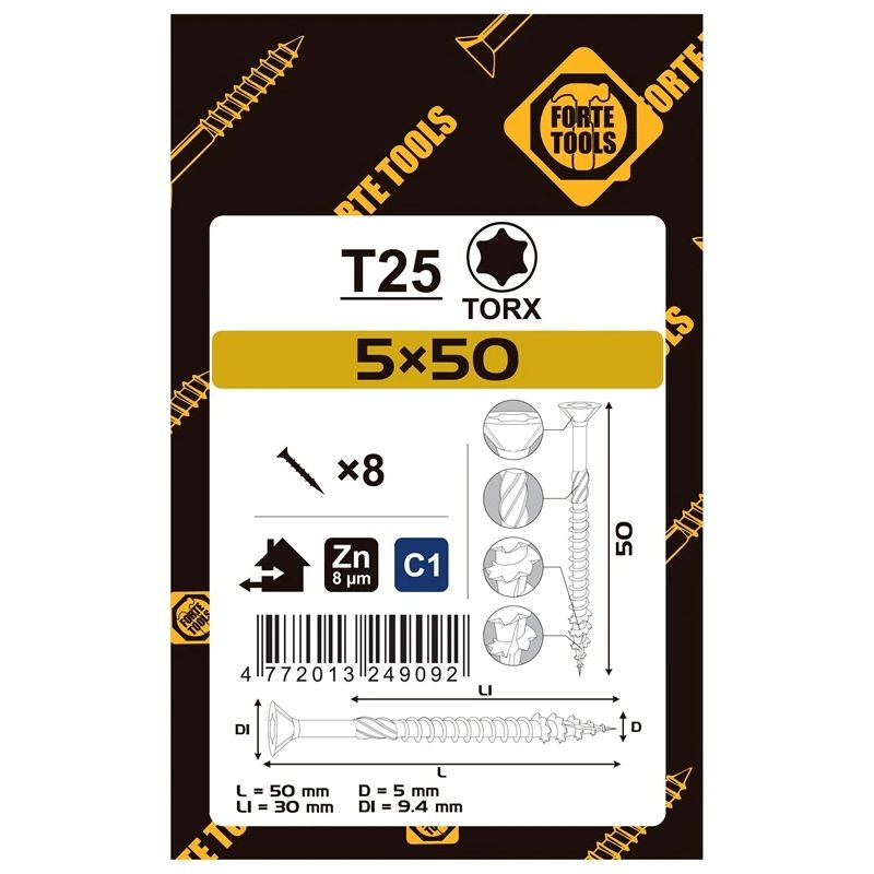 Koka skrūves 5x50-30 mm zn tx25 8 gab.