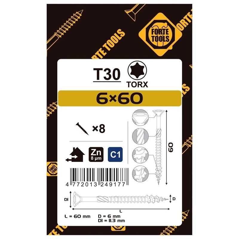 Koka skrūves 6x60 mm zn tx30 8 gab.