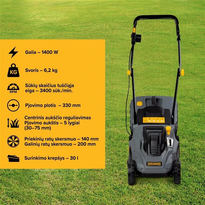 Elektriskais zāles pļāvējs Grunder A01-003C, 1400 W