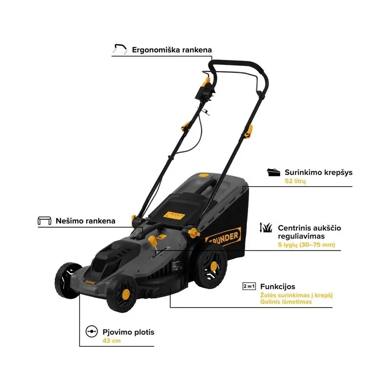 Elektriskais zāles pļāvējs Grunder A01-002B, 1800 W