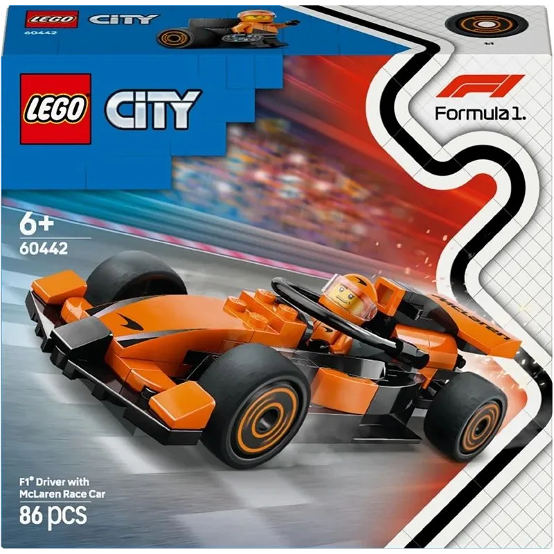 Konstruktors LEGO City F1 pilots ar McLaren sacīkšu auto 60442, 86 gab.
