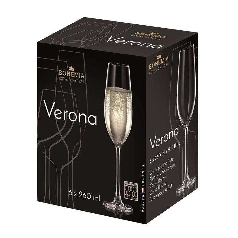 Šampanieša glāzes BOHEMIA ROYAL CRYSTAL VERONA. 260 ml. 6 gab.