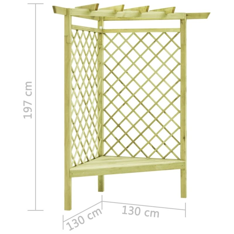 vidaXL stūra pergola ar sēdekli, 130x130x197 cm, impregnēta priede