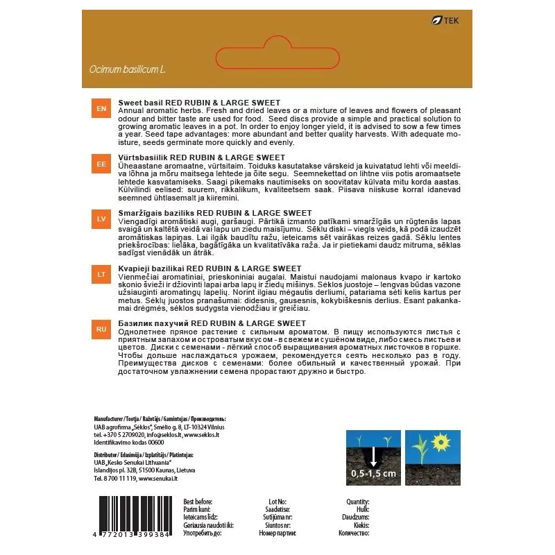 Sēklas Garden Center smaržīgais baziliks RED RUBIN AND LARGE SWEET, 10 g, 4 m