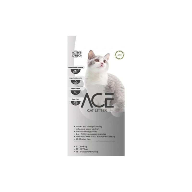 ACE Carbon Active CAT LITTER 20 LT - cementējošās smiltis kaķu tualetei ar aktivēto ogli 20 L