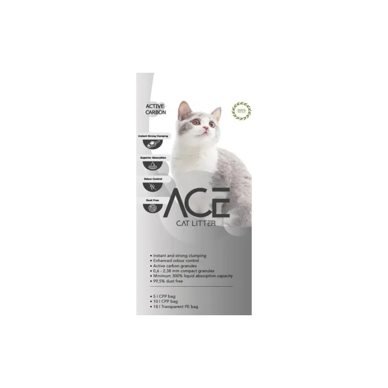 ACE Carbon Active CAT LITTER 20 LT - cementējošās smiltis kaķu tualetei ar aktivēto ogli 20 L