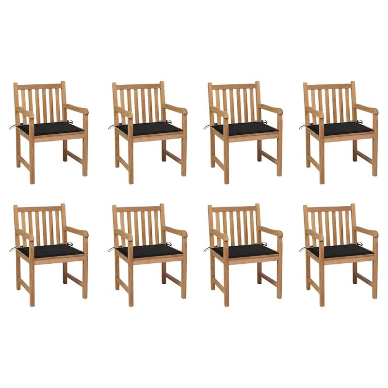 vidaXL dārza krēsli, 8 gab., melni matrači, masīvs tīkkoks