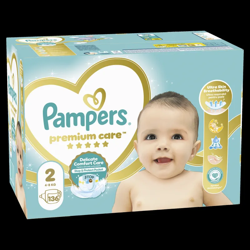 Pampers Premium Care Autiņbiksītes, 2 Izmērs, 136 Autiņbiksītes, 4-8kg