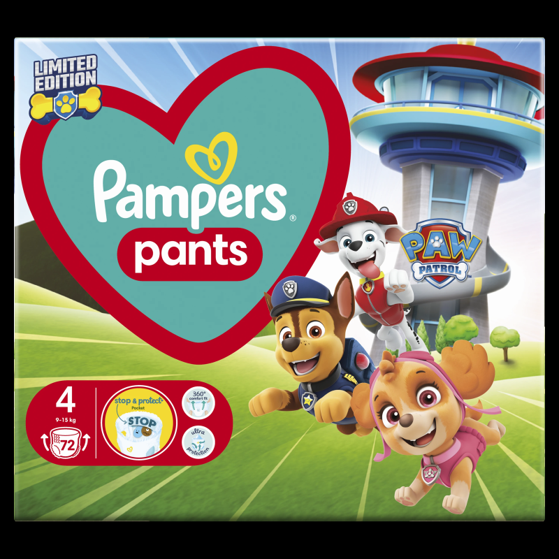 Pampers Pants Paw Patrol Autiņbiksītes, Izmērs 4, 72 Autiņbiksītes, 9-15 kg