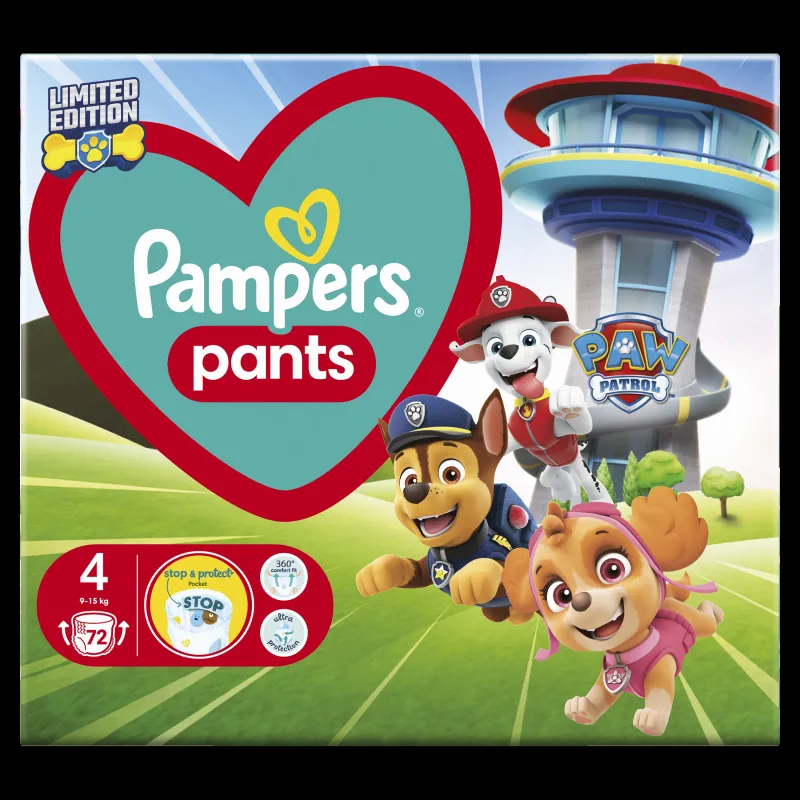 Pampers Pants Paw Patrol Autiņbiksītes, Izmērs 4, 72 Autiņbiksītes, 9-15 kg