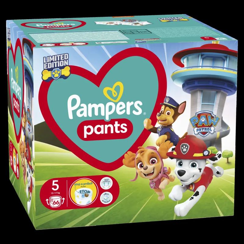 Pampers Pants Paw Patrol Autiņbiksītes, Izmērs 5, 66 Autiņbiksītes, 12-17 kg