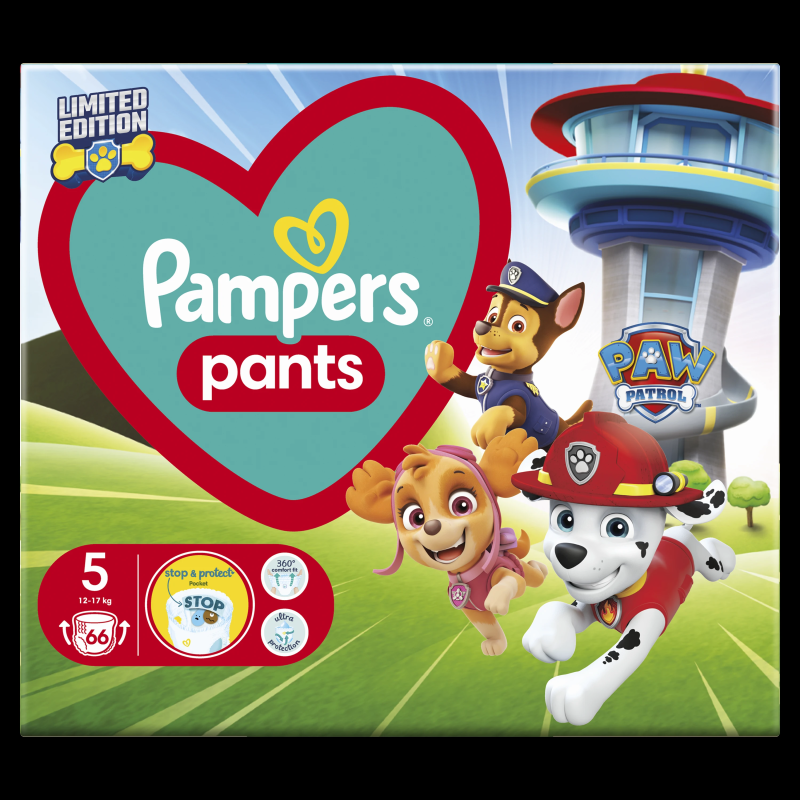 Pampers Pants Paw Patrol Autiņbiksītes, Izmērs 5, 66 Autiņbiksītes, 12-17 kg