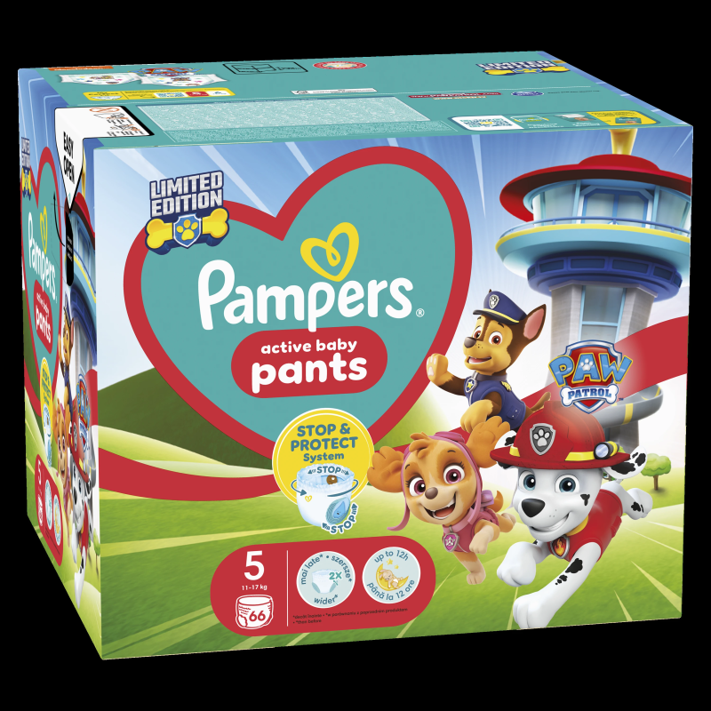 Pampers Pants Paw Patrol Autiņbiksītes, Izmērs 5, 66 Autiņbiksītes, 12-17 kg